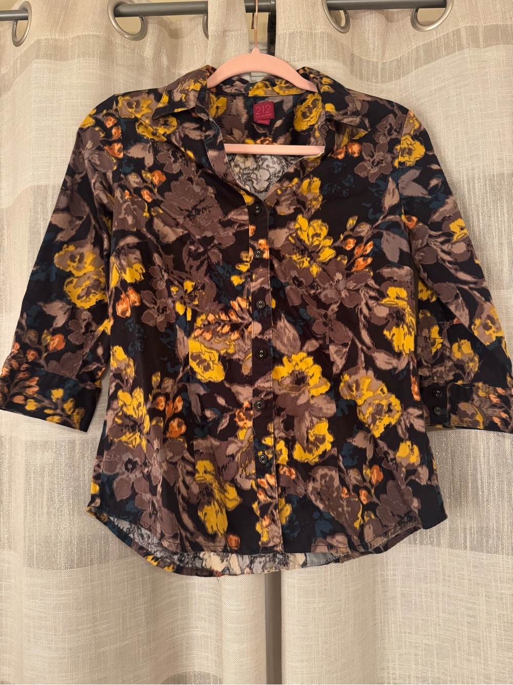 212 Collection Black Floral Button-Down Shirt with Yellow and Brown Flowers